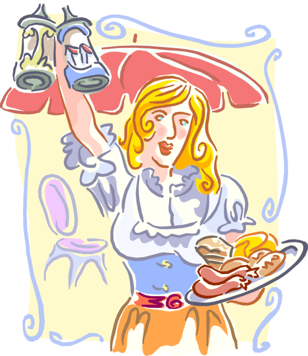 Vector Illustration of Restaurant Maître d'hôtel Waitress or Barmaid Serves Alcohol Beverages and Food