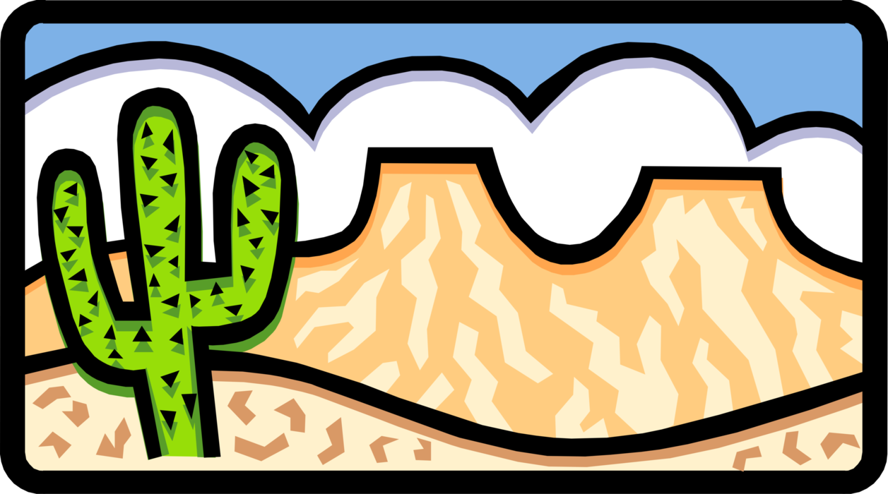 Vector Illustration of Desert Landscape with Butte and Cactus