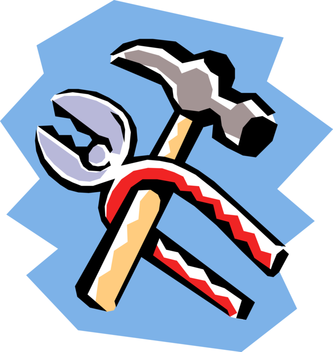 Vector Illustration of Hammer and Adjustable Wrench or Pliers Tools