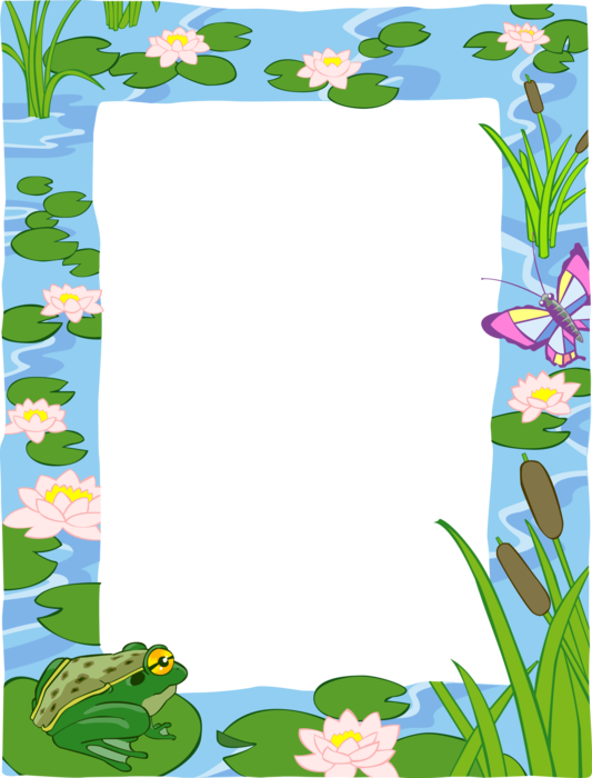 Vector Illustration of Pond with Frog, Butterfly Winged Insect and Lily Pads Frame Border