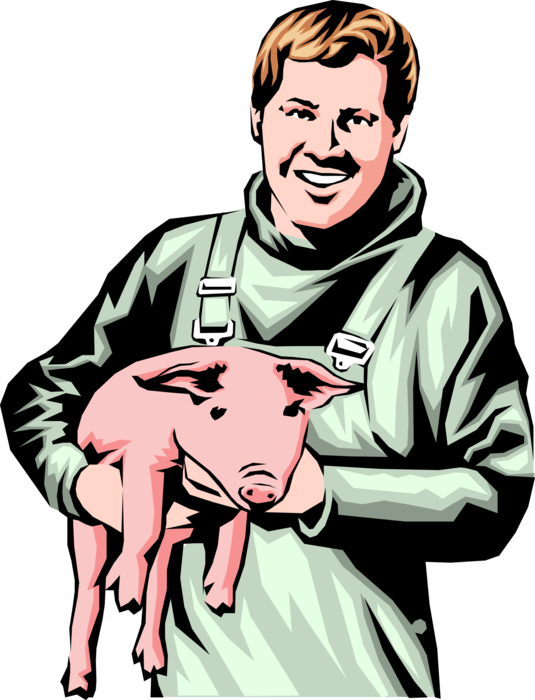 Vector Illustration of Farmer with Domestic Farm Livestock Pig Swine Hog