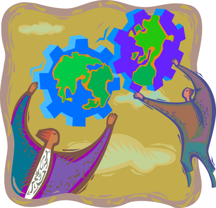 Vector Illustration of Connecting the Cogwheel Gears of International Commerce and Business