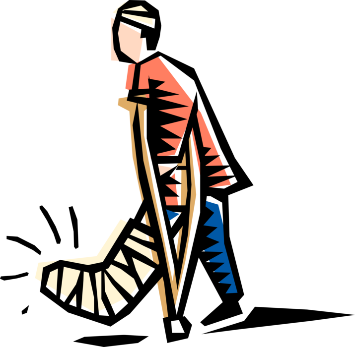 Vector Illustration of Patient with Broken Leg in Cast Walks Away on Crutches