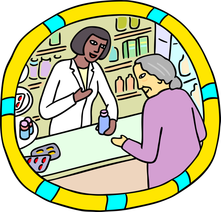 Vector Illustration of Pharmacist Dispensing Pharmaceutical Drugs by Medical Prescription to Patient