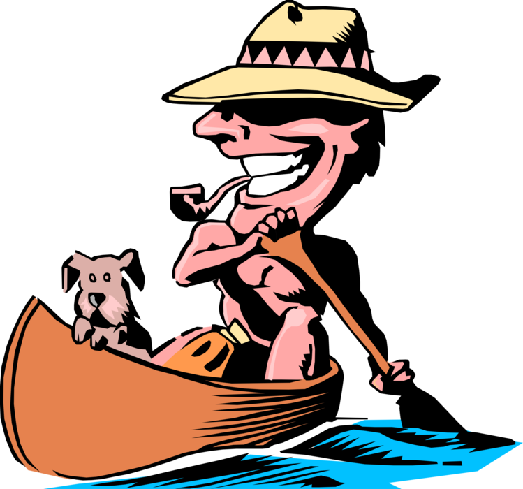 Vector Illustration of Canoe Paddler with Pet Dog Enjoying the Great Outdoors