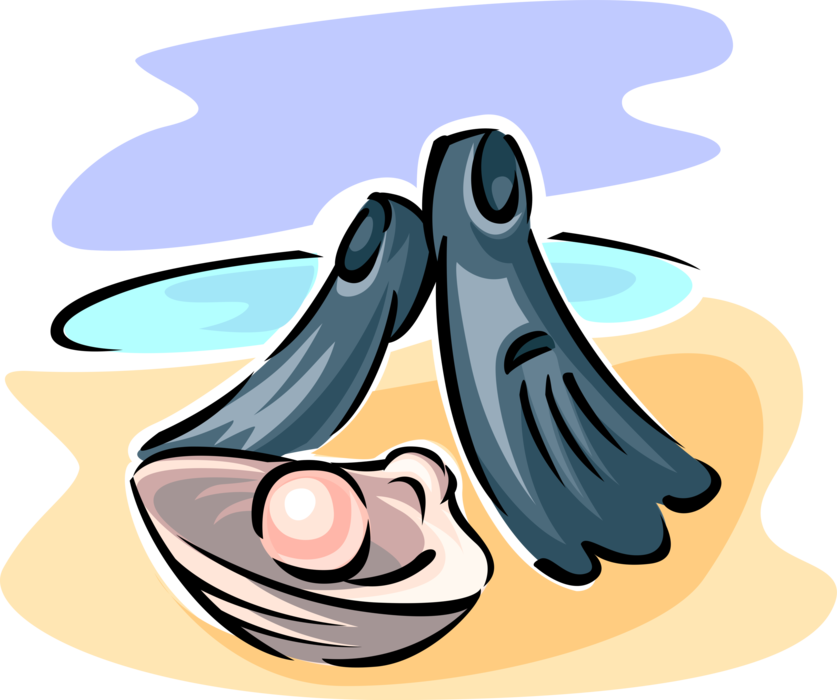 Vector Illustration of Diving and Snorkeling Fins or Flippers with Pearl in Oyster