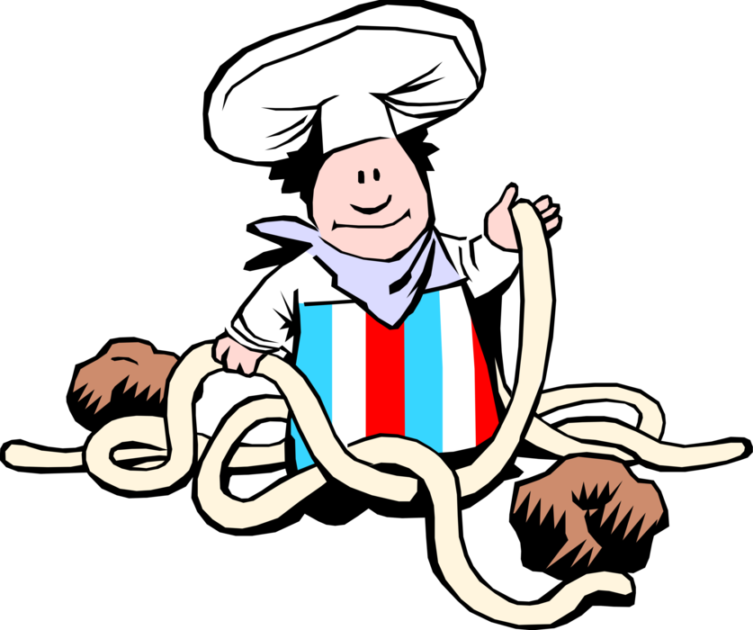 Vector Illustration of Italian Cuisine Pasta Chef Prepares Spaghetti and Meatballs