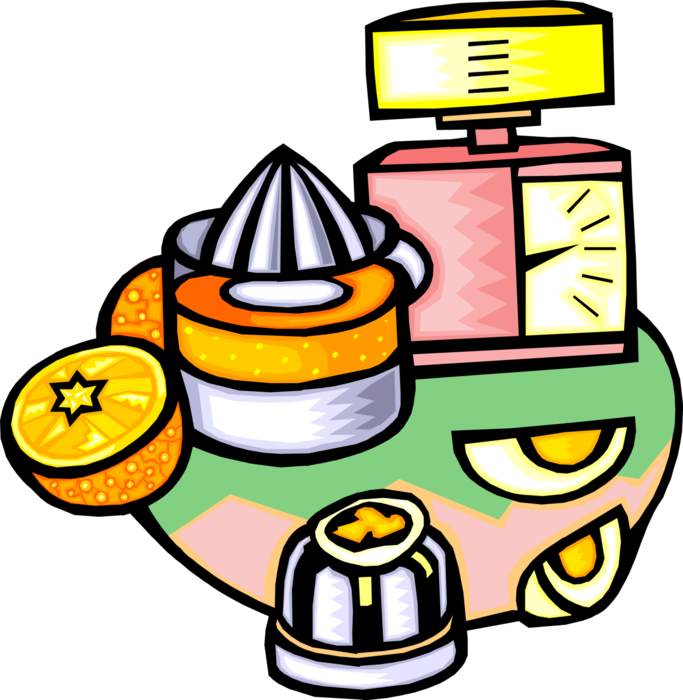 Vector Illustration of Orange with Citrus Juicer, Egg Slicer and Kitchen Weight Scale