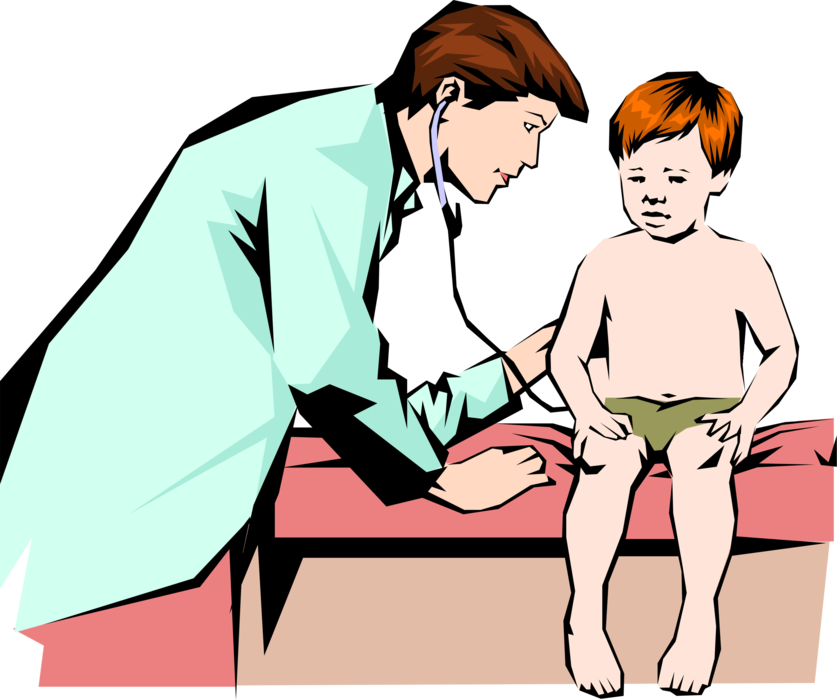 Vector Illustration of Doctor with Child Patient Tests Breathing with Stethoscope