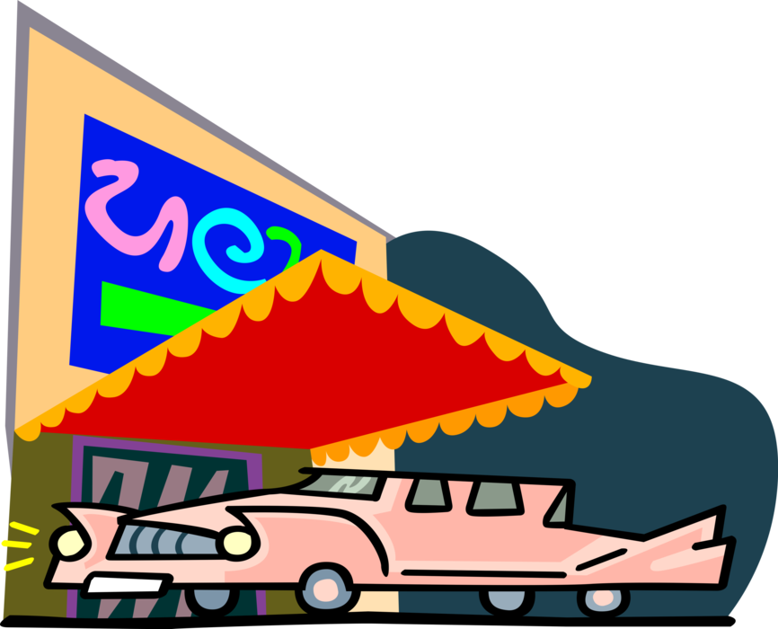 Vector Illustration of Pink Cadillac Parked at Fancy Theatre or Theater Movie Premiere