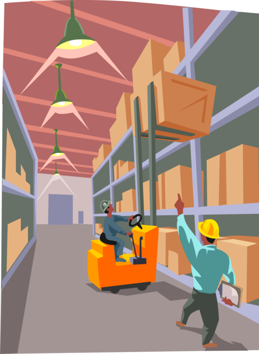 Vector Illustration of Warehouse Foreman Directing Forklift Operator Lifting Heavy Crate