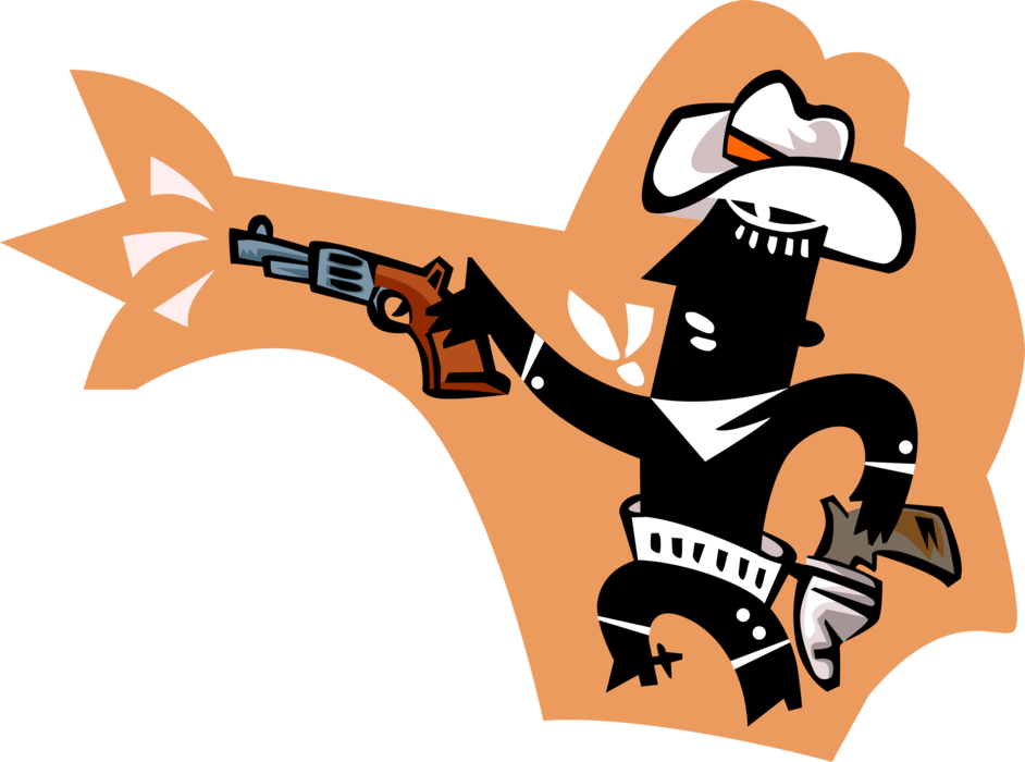 Vector Illustration of Western Cowboy Draws Gun from Holster and Shoots