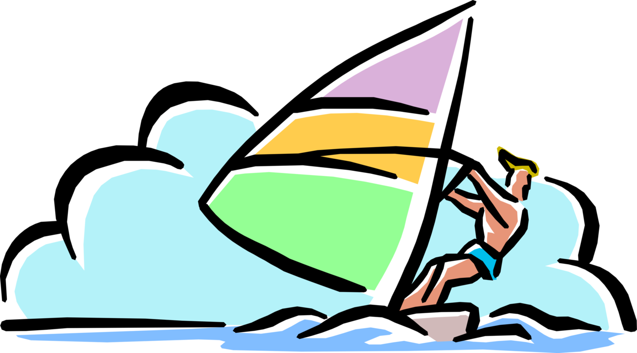 Vector Illustration of Windsurfer Windsurfing on Sailboard in Summer