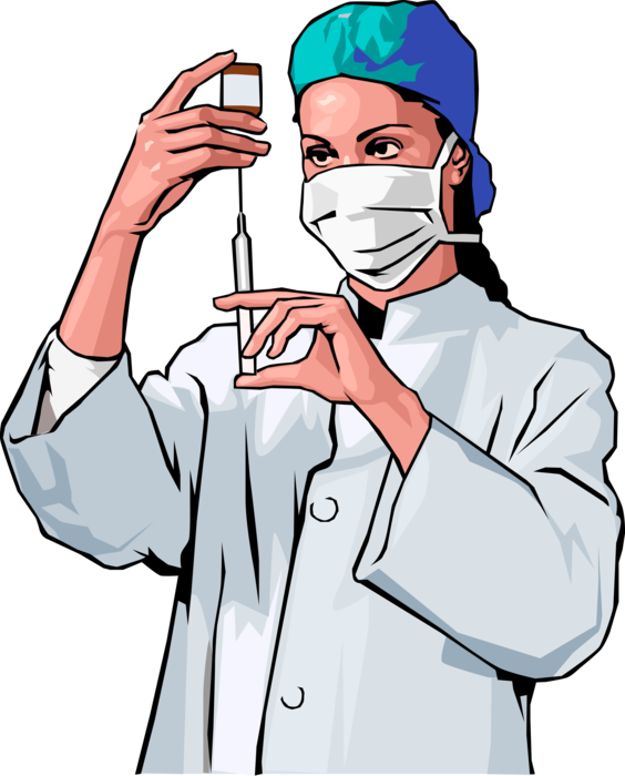 Vector Illustration of Health Care Professional Doctor Physician Prepares Syringe Hypodermic for Needle Injection