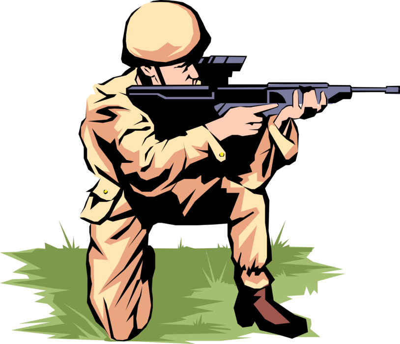 Vector Illustration of Armed Forces Military Combat Soldier Fires Automatic Weapon