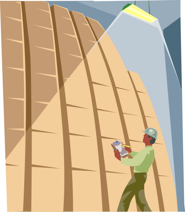 Vector Illustration of Warehouse Stock Manager Checking Inventory of Boxes