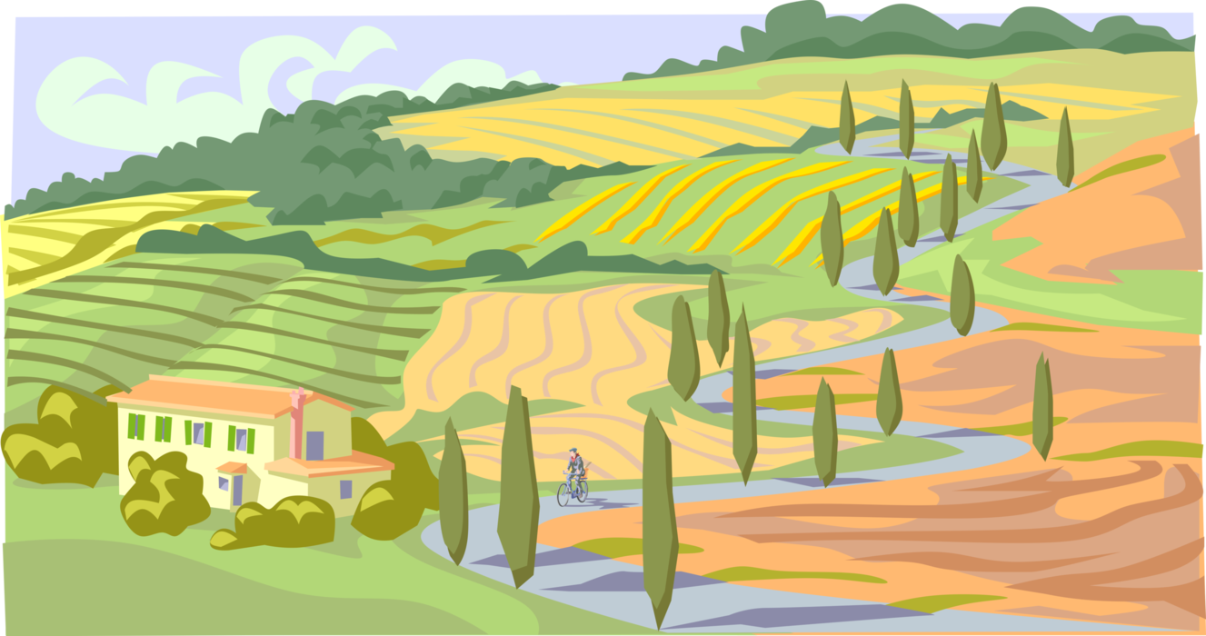 Vector Illustration of Farmhouse in Country with Planted Crops in Fields