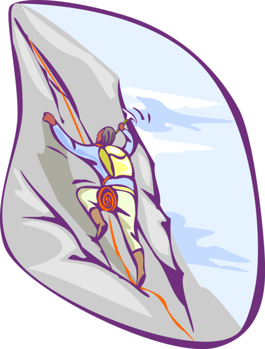 Vector Illustration of Mountain Climber Climbing Steep Rock Face Uses Pickaxe and Rope