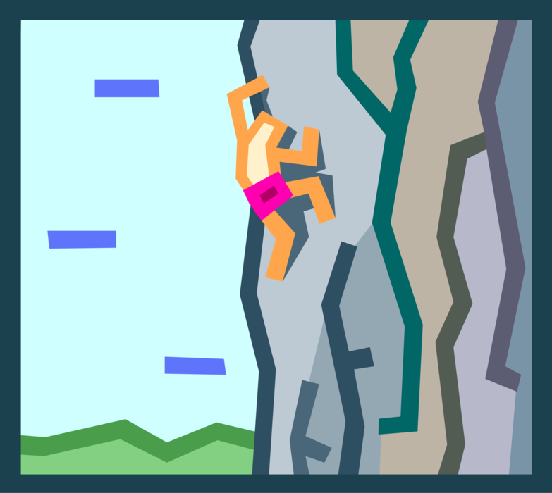 Vector Illustration of Rock Climbing Climber Climbs Steep Vertical Rock Face