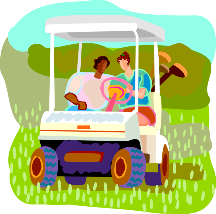 Vector Illustration of Golfers Play Round of Golf in Electric Golf Cart