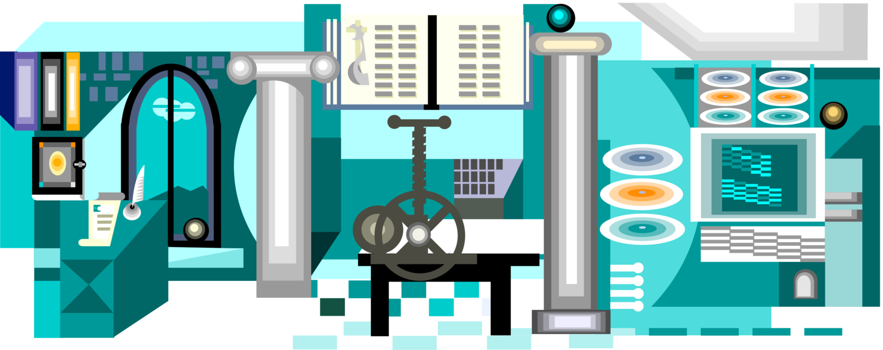 Vector Illustration of The Evolution of Printing from Ancient Greece to Gutenberg to Modern Computer Printing Systems