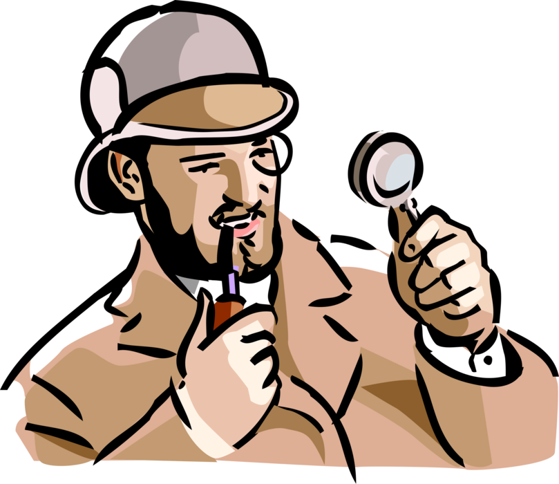 Vector Illustration of Sherlock Holmes Investigator with Tobacco Pipe and Magnifying Glass