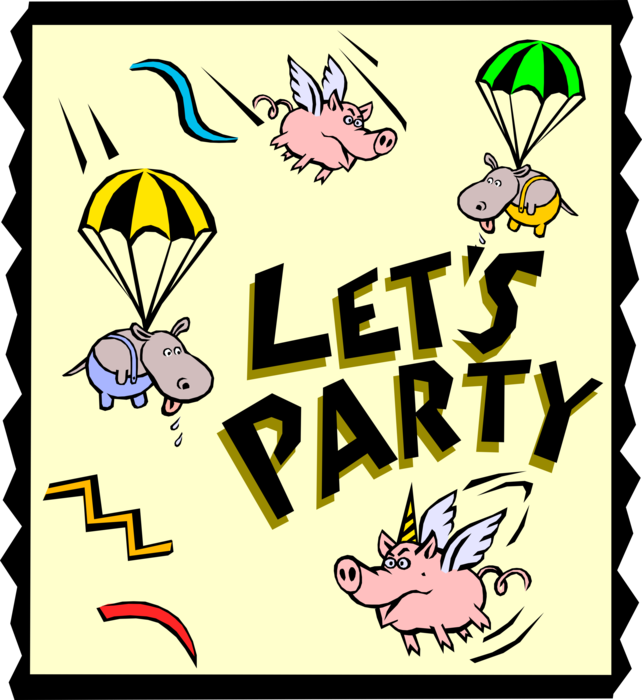 Vector Illustration of Let's Party Hippopotamus with Flying Pigs