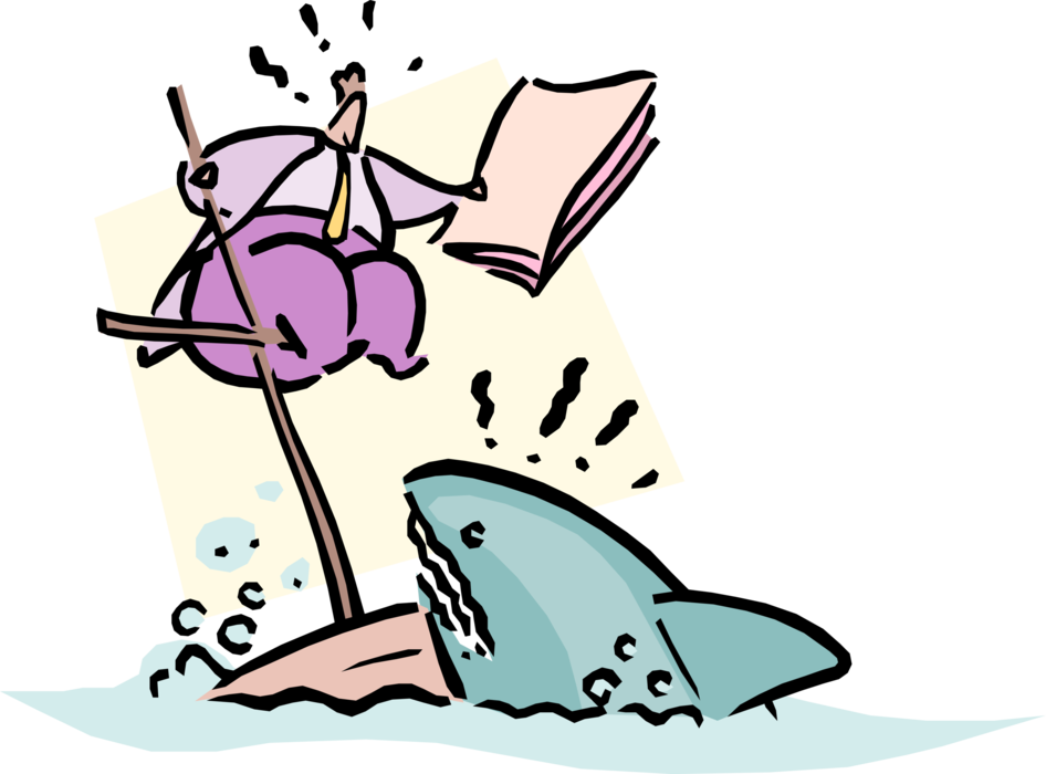 Vector Illustration of Businessman on Sinking Ship Under Attack from Great White Shark