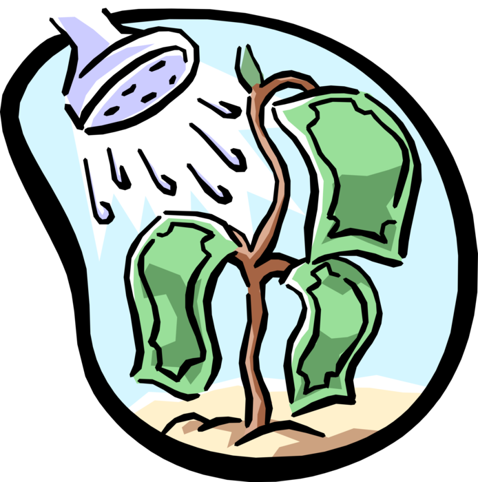 Vector Illustration of Money Tree Conceptual Negation of Idiom "Money Doesn't Grow on Trees" with Watering Can