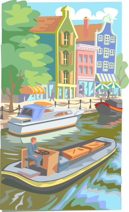 Vector Illustration of Amsterdam Dutch Canal with Boats in Centrum Heart of City, Holland, The Netherlands
