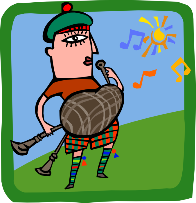 Vector Illustration of Scottish Bagpiper Plays Highland Bagpipes Musical Wind Instrument