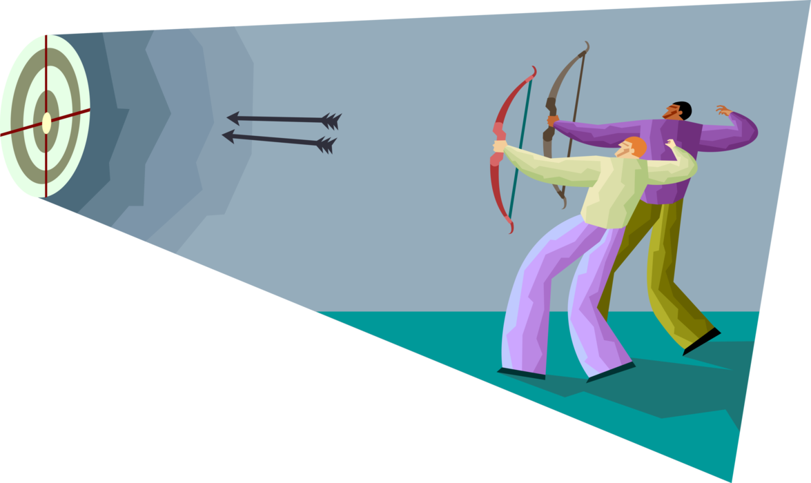 Vector Illustration of Archers Shooting Arrows at Target in Competition