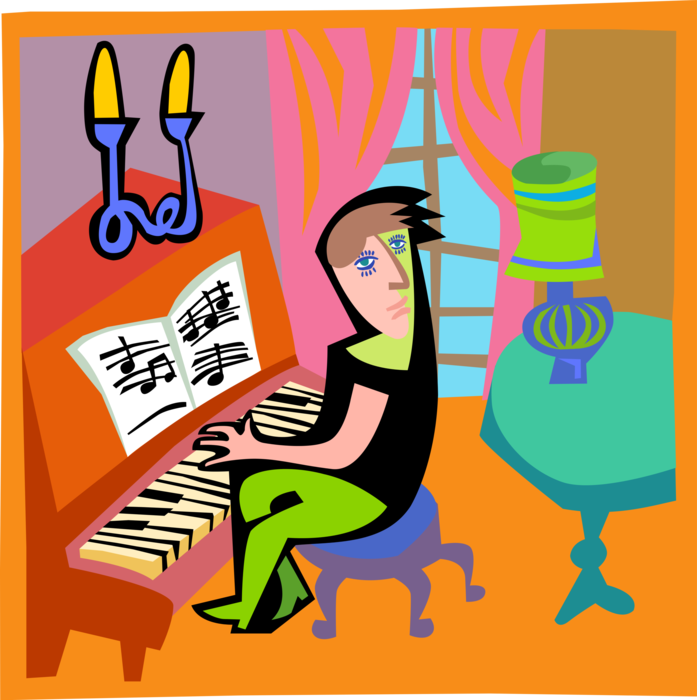 Vector Illustration of Human Figure Playing Music on Grand Piano Keyboard Musical Instrument