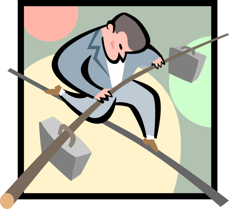 Vector Illustration of Balancing Businessman on Tightrope Highwire Balances Workload Briefcases