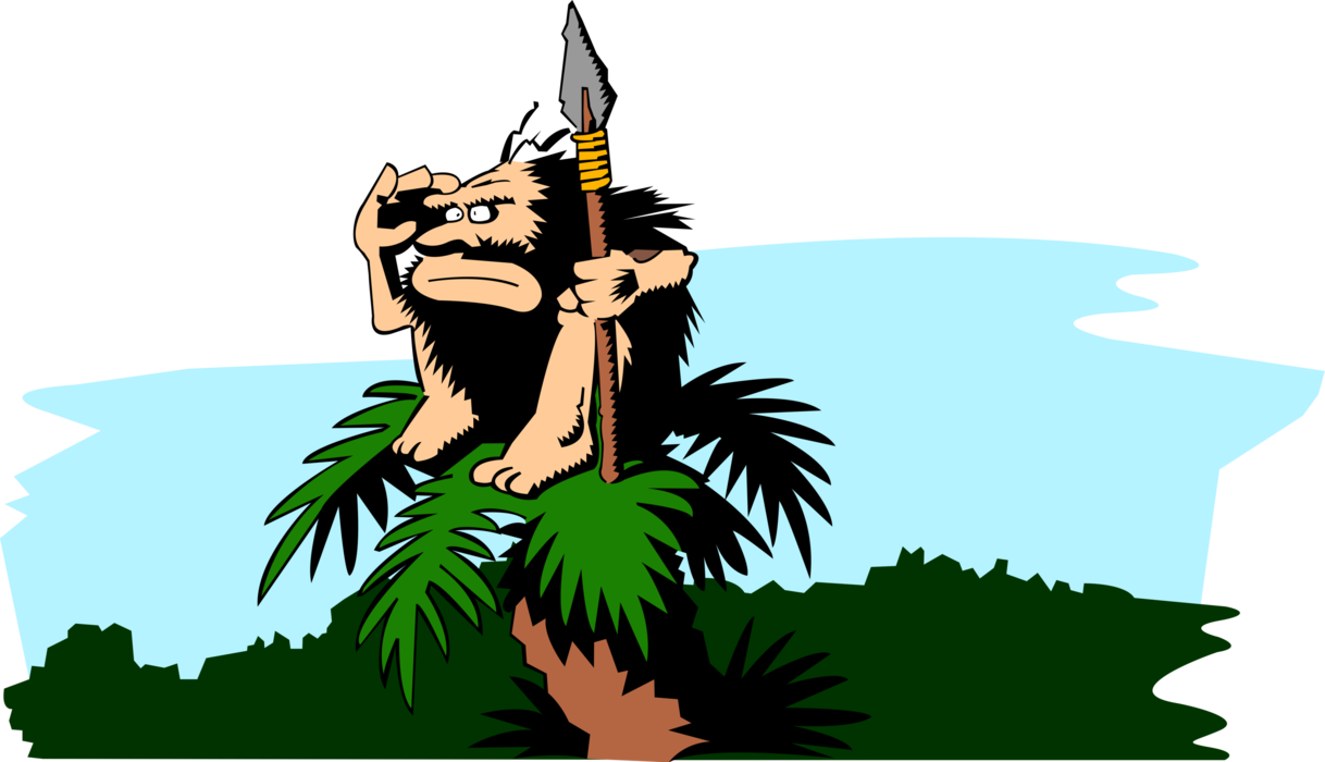 Vector Illustration of Prehistoric Neanderthal Stone Age Caveman Hunter Surveys His Kingdom