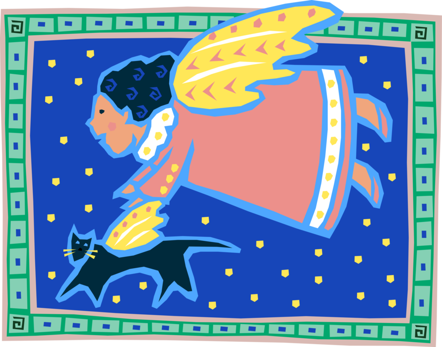 Vector Illustration of Spiritual Angel and Cat Fly Through Night Sky