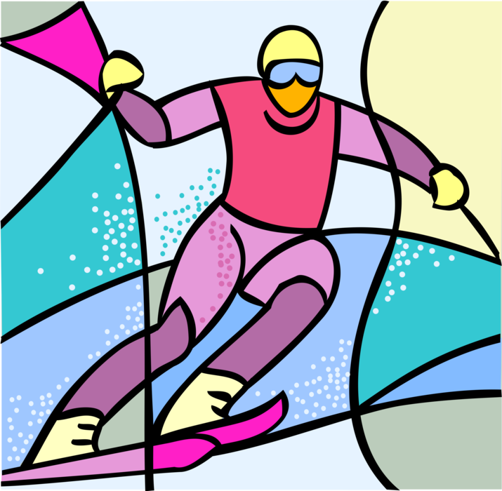 Vector Illustration of Olympic Sports Downhill Alpine Slalom Skiing Race with Skier and Gate