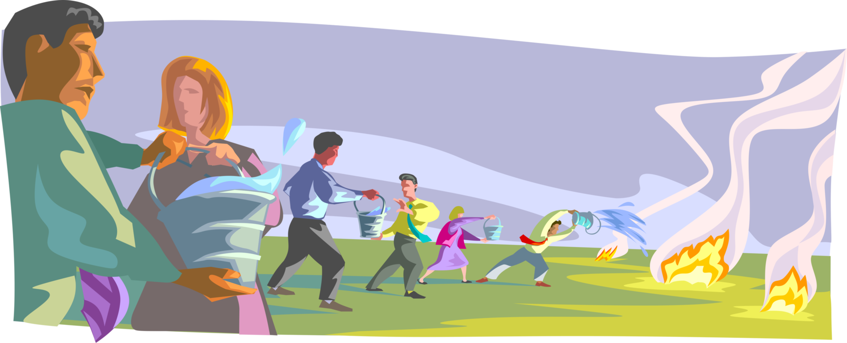 Vector Illustration of Water Bucket Brigade Putting Out Fires