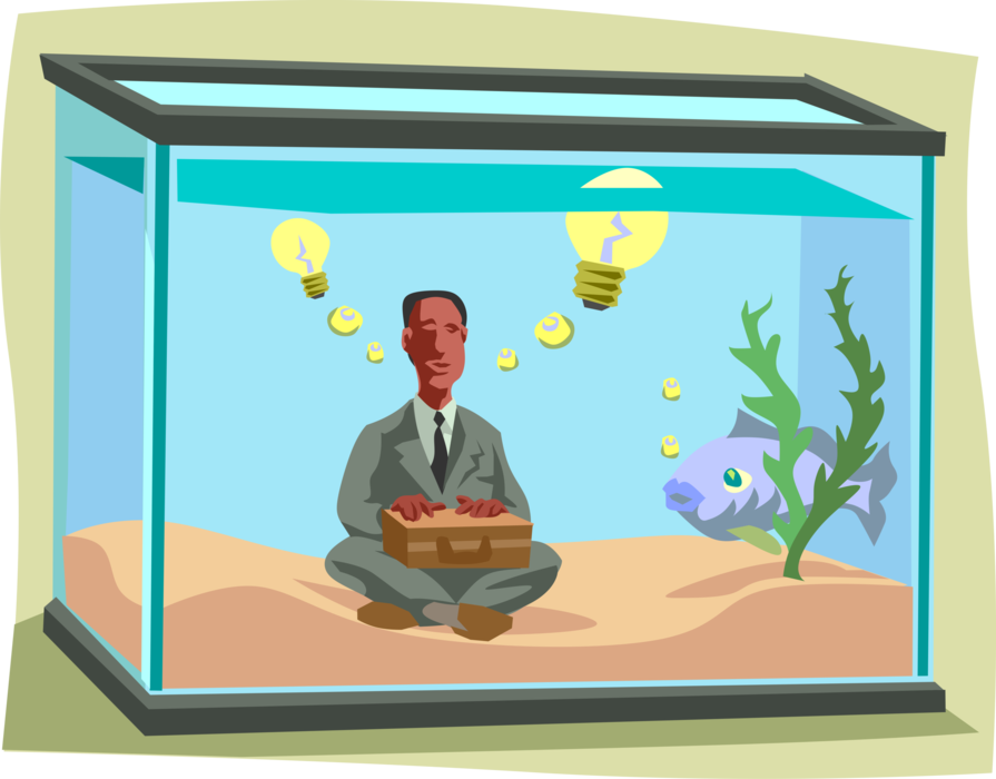 Vector Illustration of Man in Fish Tank with Good Idea Electric Light Bulb