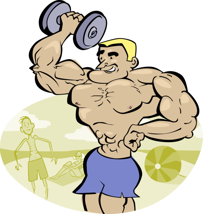 Vector Illustration of Weightlifter Muscleman Strongman Lifts Barbell Weights in Weightlifting Competition