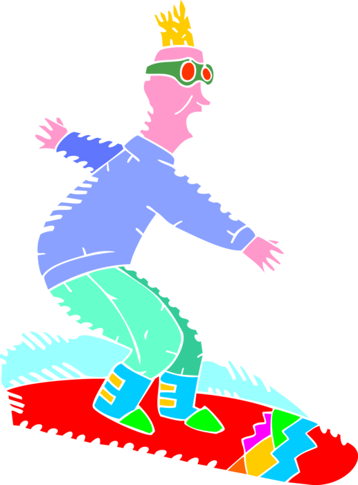 Vector Illustration of Tentative Snowboarder Snowboarding Down Hill on Snowboard
