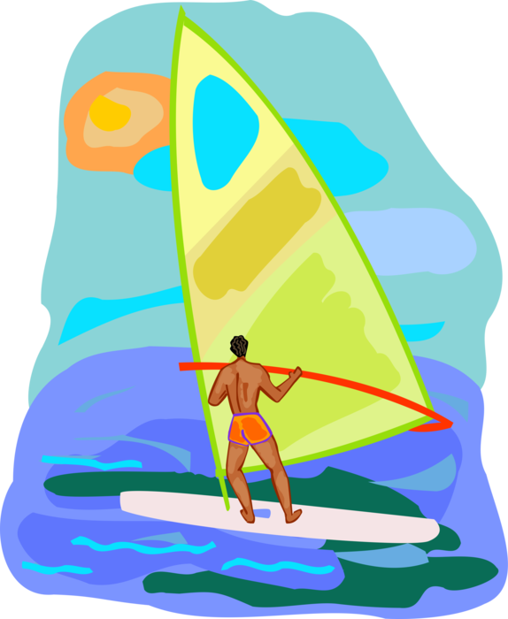 Vector Illustration of Windsurfer on Sailboard Windsurfing on Water