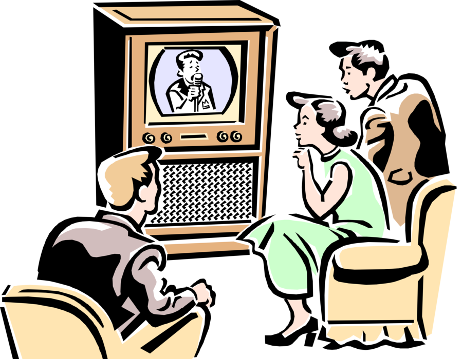 Vector Illustration of 1950's Vintage Style Family Gathered Around the TV Watching Television
