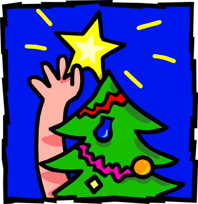 Vector Illustration of Festive Season Christmas Tree with Hand Placing Star