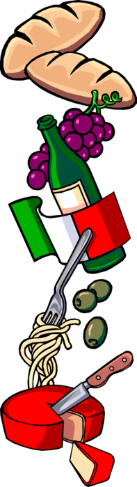 Vector Illustration of Celebrating Culinary Suisine Foods of Italy with Cheese, Wine, Pasta, Olives, Grapes and Bread
