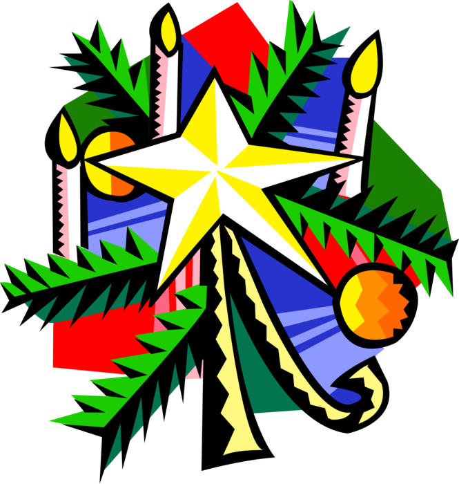 Vector Illustration of Festive Season Christmas Star with Lit Candles and Tree Branches