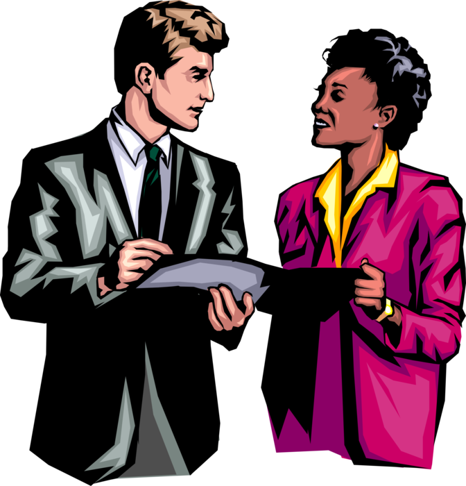 Vector Illustration of Businessman & Woman Collaborate and Discuss Business Objectives