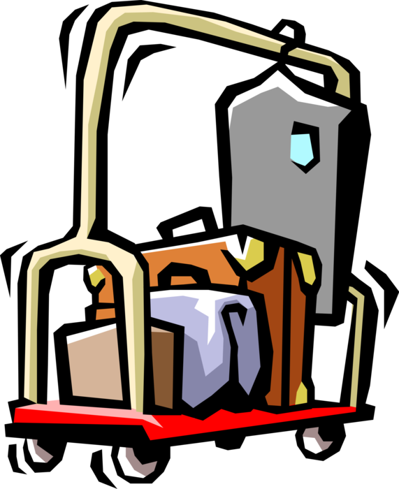Vector Illustration of Hospitality Industry Hotel Luggage Cart with Guest Traveller's Baggage and Suitcase
