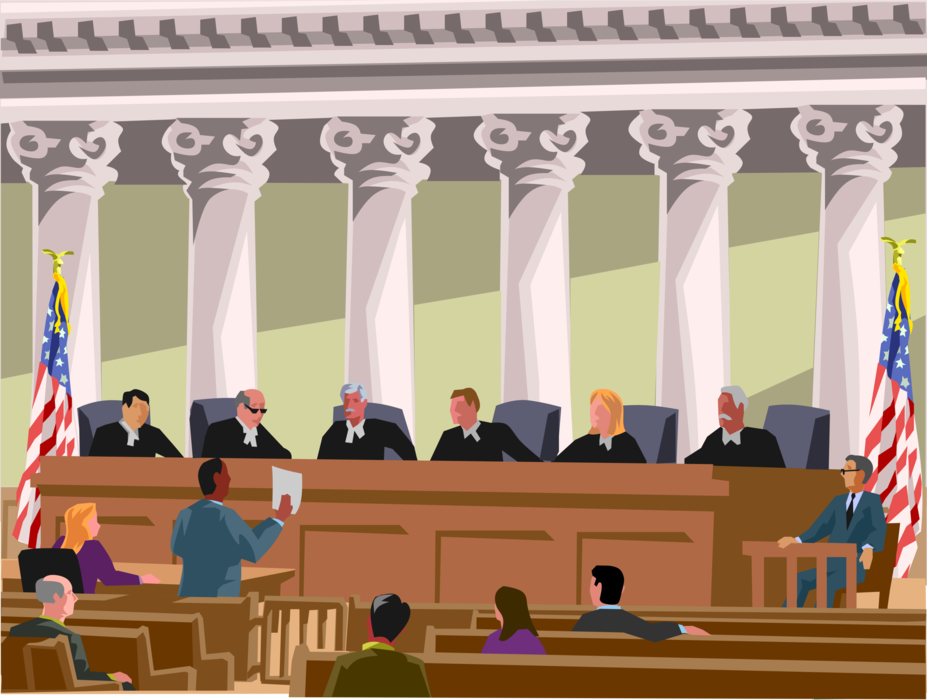Vector Illustration of United States Supreme Court Judges Listen to Legal Arguments from Lawyer