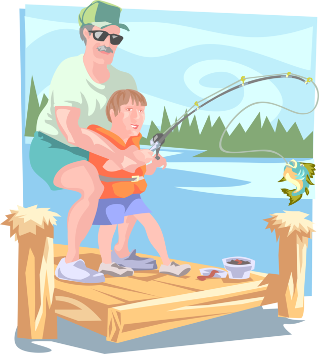 Vector Illustration of Father and Son Fishing from Dock Catch Fish